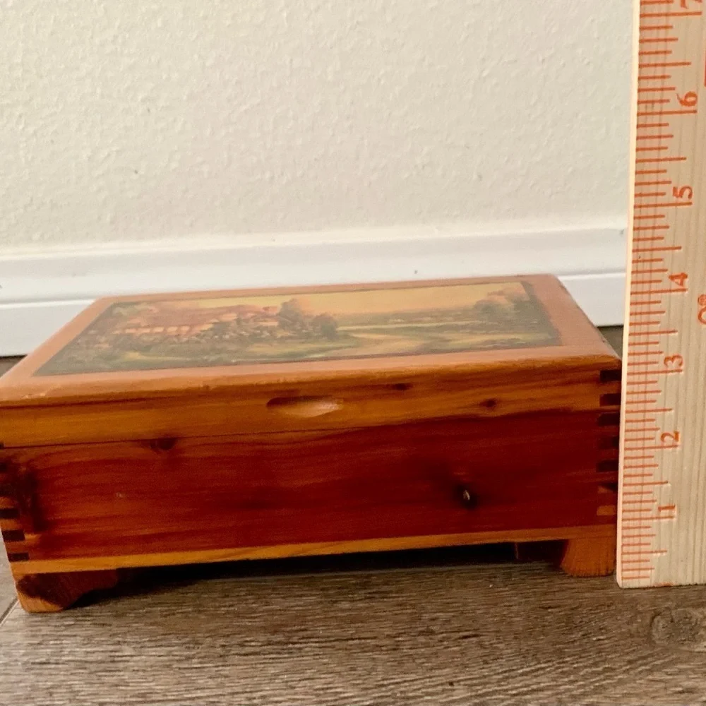 Vintage cedar wood box with picture of English cottage